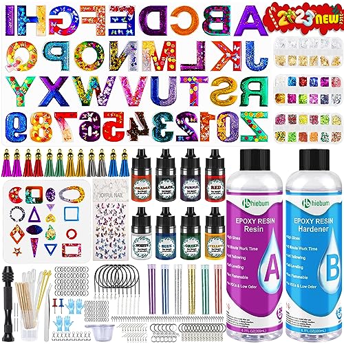 Hiebum 296 Stück Epoxidharz Set Anfänger, Epoxidharz Formen Buchstaben, Silikonformen epoxidharz für Schlüsselanhänger und Schmuckherstellung, 400ml epoxidharz set mit Epoxidharz Farben, Glitzer von Hiebum