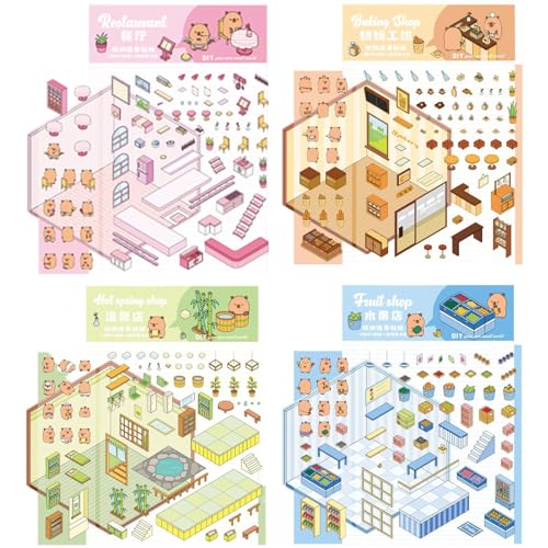 4 Sets 3d Sticker Scene Capybara, DlY 3d House Stickers, 3d Miniatur Haus Sticker, Szenen Aufkleber 3d Haus Handwerk DlY Dekoration, Capybara Haus Scene Aufkleber Für Erwachsene Kinder von Hiemible