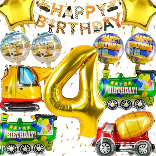 Hierein Bagger Geburtstagdeko Junge 4 Jahre, 12 Pcs XXL Baustelle Deko Geburtstag, Bagger Luftballon Set Kindergeburtstag Deko mit Happy Birthday Banner für Kinder Jungen Mädchen, Party Dekoration von Hierein