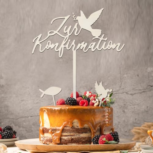 Tortendeko Kommunion Holz, Hierein 3 Stück Meine Konfirmation Cake Topper Personalisiert Kuchendekoration mit 1 Fisch, 1 Taube Konfirmation Tortenstecker Set für Erstkommunion Deko Junge Mädchen von Hierein