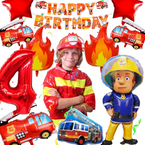 Hierein Feuerwehr Geburtstag Deko 4 Jahre Jungen, XXL Feuerwehrmann Sam Luftballons Geburtstagsdeko Jungen, Feuerwehrauto Balloons Kindergeburtstag Deko mit Banner für Geburtstag Kinder, Party Deko von Hierein