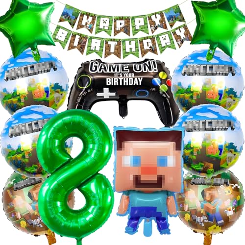 Hierein Pixel Luftballon Geburtstagsdeko 8 Jahre, 12 Pcs Miner Gamer Luftballon Geburtstag Deko Set, Videospiel Luftballon Set Deko Geburtstag Party Mitgebsel Luftballon für Kinder Jungen Mädchen von Hierein