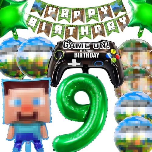 Hierein Geburtstagsdeko 9 Jahre Jungen, 12 Stück Gamer Luftballons Kindergeburtstag Deko, Pixel Ballons Deko Geburtstag für 9 Jahre Jungen Kinder, Theme Party Deko von Hierein