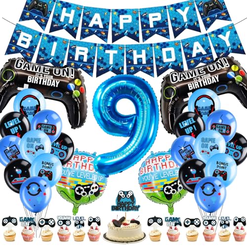 Hierein Videospiel Kindergeburtstag Luftballons Set Deko, 9 Jahre Gaming Controller Folienballons Set geburtstag deko, Schwarz Blaue Ballons Set Geburtstagsdeko Jungen für Kinder Junge, 37 Pcs von Hierein