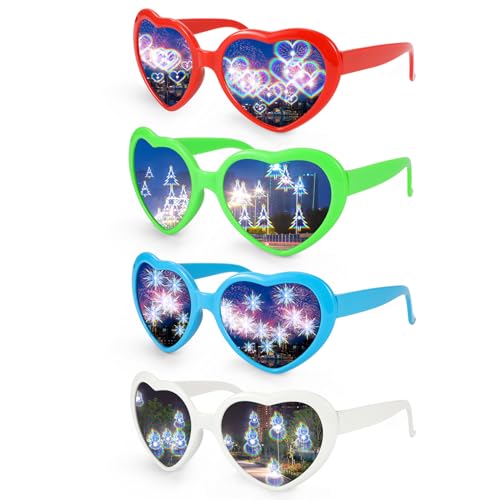 Hifot Herz Brille Effekt für Weihnachten 4 Stücke, Herz Sonnenbrille Weihnacht Partybrille, Lustige Brillen Party Brille für Herren Damen, Xmas EDM Feuerwerk Show Karneval Party Deko von Hifot