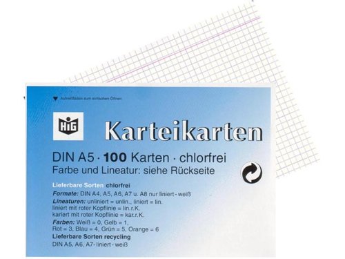 HIG K5 KAR 0 - Karteikarten A5 100 Stück weiss kariert von HIG