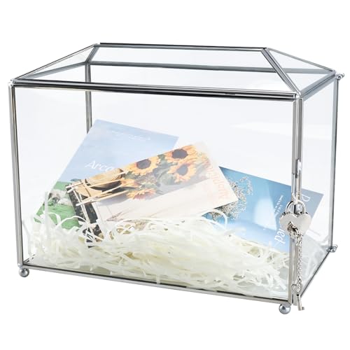 HighFree Hochzeitskarten-Glasbox mit Schlitz und Schloss, 25,9 x 15 x 20,3 cm, handgefertigtes geometrisches Terrarium, klare Glaskarten-Box für Hochzeitsempfang, Wunschgut, Andenken (Silber) von HighFree