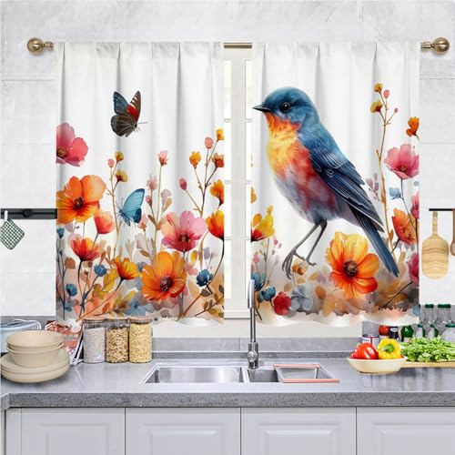 Highdi 2 Stück Kurzgardine Wohnzimmer Küchen, Ländlich Kurzer Vorhang Fenster Durchscheinend Fenstergardinen, Bistrogardine Stab Tasche Halbe Fenster Behandlung für Home Decor (Vogel,70x50cm) von Highdi