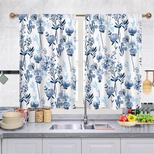 Highdi 2 Stück Kurzgardine Wohnzimmer Küchen, Stangentasche Kurzer Scheibengardinen für Kleine Fenster,Landhausstil Bistrogardine Küche Kurzgardinen (Blaue Blumen,107 * 160cm) von Highdi