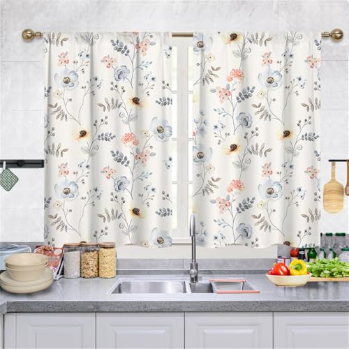 Highdi 2 Stück Kurzgardine Wohnzimmer Küchen, Stangentasche Kurzer Scheibengardinen für Kleine Fenster,Landhausstil Bistrogardine Küche Kurzgardinen (Blumen,107 * 160cm) von Highdi