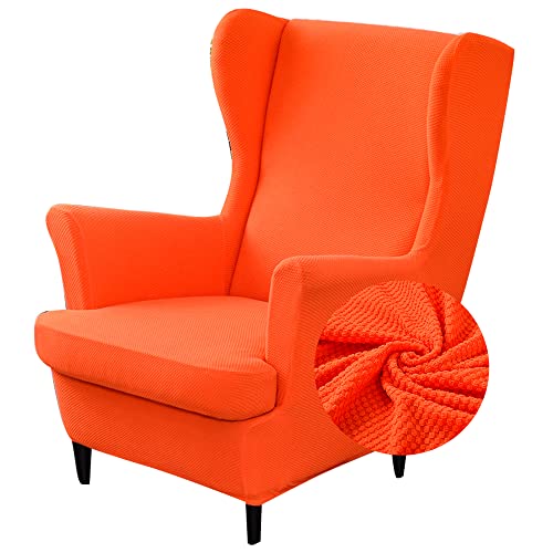 Highdi 2 Teilig Jacquard-Strickstoff Ohrensessel Überzug, Sessel-Überwürfe Ohrensessel Schonbezüge Bezug Sesselhusse Elastisch Stuhlbezug mit Armlehne Hohe Rückenlehne Universal (Orange) von Highdi