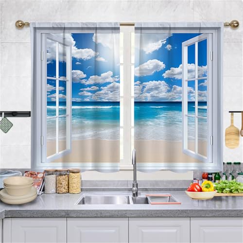 Highdi 2er Set Kurzgardinen Modern für Küche, Küchengardinen Scheibengardinen mit Rod Tasche Fenstervorhang Kurz lichtfilternd Vorhänge für Kaffeehaus (Blue Sea,140 * 100cm) von Highdi