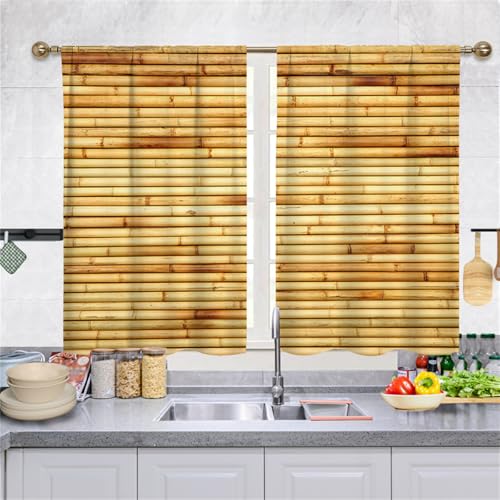 Highdi 2er Set Kurzgardinen Modern für Küche, Küchengardinen Scheibengardinen mit Rod Tasche Fenstervorhang Kurz lichtfilternd Vorhänge für Kaffeehaus (Gelber Bambus,140 * 100cm) von Highdi