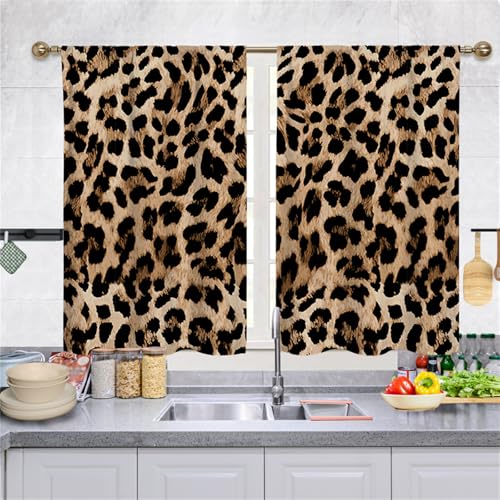 Highdi 2er Set Kurzgardinen Modern für Küche, Küchengardinen Scheibengardinen mit Rod Tasche Fenstervorhang Kurz lichtfilternd Vorhänge für Kaffeehaus (Leopard,140 * 100cm) von Highdi