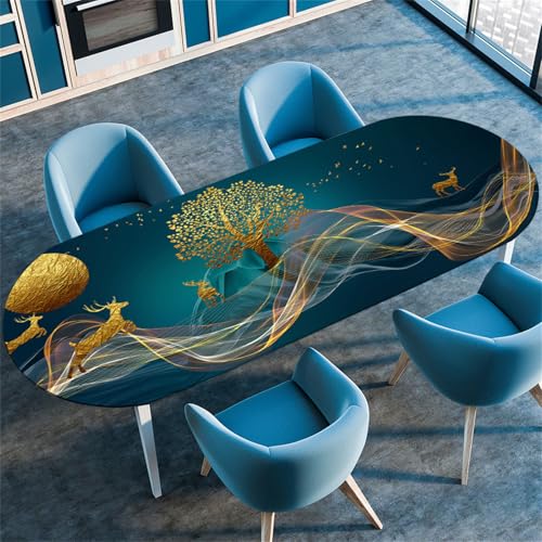 Highdi 3D Elastische Tischdecke Oval Abwaschbar, Spanntischdecke Oval Gartentischdecke Outdoor Oval Tischdecke mit Gummizug für Esszimmer, Küche (Goldene Nation 3,107x173cm(42"x68")) von Highdi