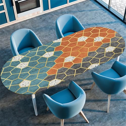 Highdi 3D Elastische Tischdecke Oval Abwaschbar, Spanntischdecke Oval Gartentischdecke Outdoor Oval Tischdecke mit Gummizug für Esszimmer, Küche (Kunst Plaid 1,107x165cm(42"x65")) von Highdi