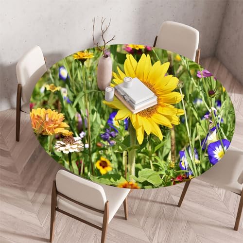 Highdi 3D Elastische Tischdecke Rund Abwaschbar, Spanntischdecke Rund Gartentischdecke Outdoor Round Tischdecke mit Gummizug für Esszimmer, Küche und Picknick (100cm,Sonnenblume 1) von Highdi