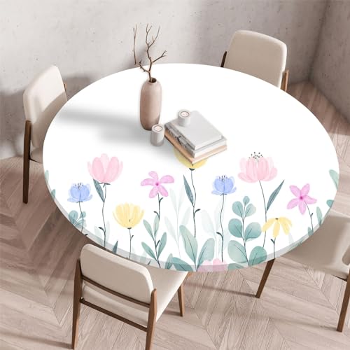 Highdi 3D Elastische Tischdecke Rund Abwaschbar, Spanntischdecke Rund Gartentischdecke Outdoor Round Tischdecke mit Gummizug für Esszimmer, Küche und Picknick (120cm,Vegetative Blumen) von Highdi