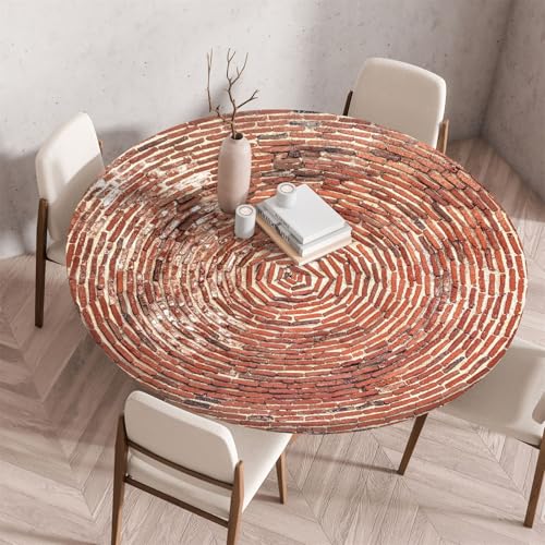 Highdi 3D Elastische Tischdecke Rund Abwaschbar, Spanntischdecke Rund Gartentischdecke Outdoor Round Tischdecke mit Gummizug für Esszimmer, Küche und Picknick (130cm,Roter Ziegelstein 1) von Highdi