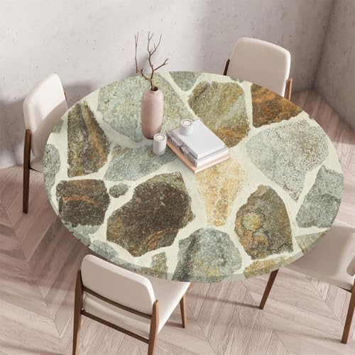 Highdi 3D Elastische Tischdecke Rund Abwaschbar, Spanntischdecke Rund Gartentischdecke Outdoor Round Tischdecke mit Gummizug für Esszimmer, Küche und Picknick (140cm,Sandstein 7) von Highdi