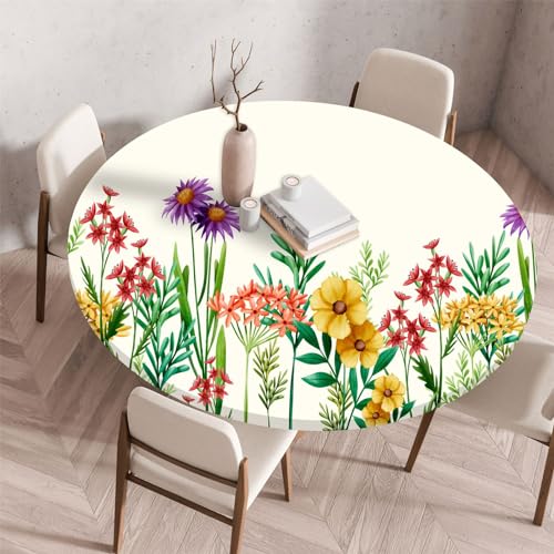 Highdi 3D Elastische Tischdecke Rund Abwaschbar, Spanntischdecke Rund Gartentischdecke Outdoor Round Tischdecke mit Gummizug für Esszimmer, Küche und Picknick (60cm,Kunstblume 2) von Highdi