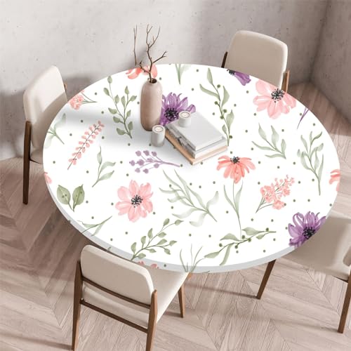 Highdi 3D Elastische Tischdecke Rund Abwaschbar, Spanntischdecke Rund Gartentischdecke Outdoor Round Tischdecke mit Gummizug für Esszimmer, Küche und Picknick (80cm,Botanische Blumen) von Highdi