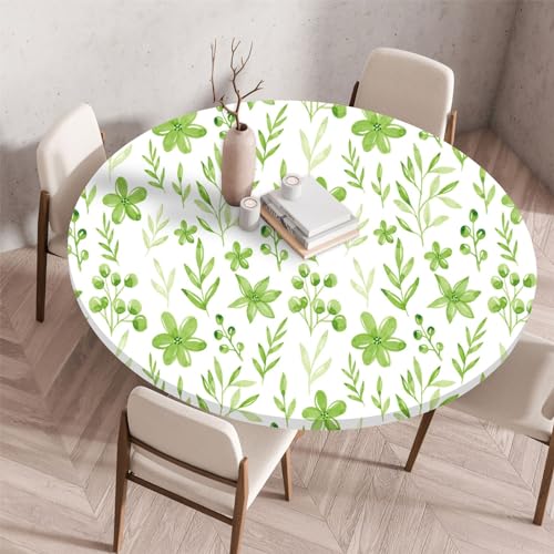 Highdi 3D Elastische Tischdecke Rund Abwaschbar, Spanntischdecke Rund Gartentischdecke Outdoor Round Tischdecke mit Gummizug für Esszimmer, Küche und Picknick (80cm,Grüne Blumen) von Highdi