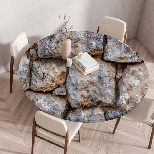 Highdi 3D Elastische Tischdecke Rund Abwaschbar, Spanntischdecke Rund Gartentischdecke Outdoor Round Tischdecke mit Gummizug für Esszimmer, Küche und Picknick (90cm,Sandstein 8) von Highdi