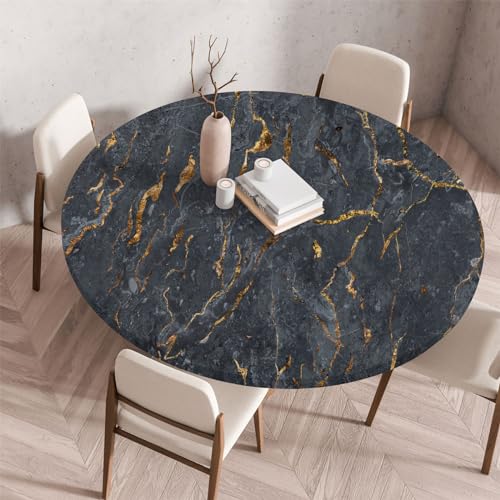 Highdi 3D Elastische Tischdecke Rund Abwaschbar, Spanntischdecke Rund Gartentischdecke Outdoor Round Tischdecke mit Gummizug für Esszimmer, Küche und Picknick (Stein B,60cm) von Highdi