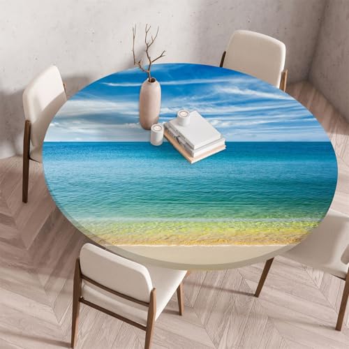 Highdi 3D Elastische Tischdecke Rund Abwaschbar, Spanntischdecke Rund Gartentischdecke Outdoor Round Tischdecke mit Gummizug für Esszimmer Küche Picknick (100cm,Strand am Meer 8) von Highdi