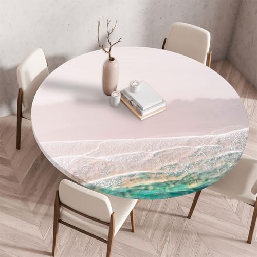 Highdi 3D Elastische Tischdecke Rund Abwaschbar, Spanntischdecke Rund Gartentischdecke Outdoor Round Tischdecke mit Gummizug für Esszimmer Küche Picknick (130cm,Strand am Meer 1) von Highdi