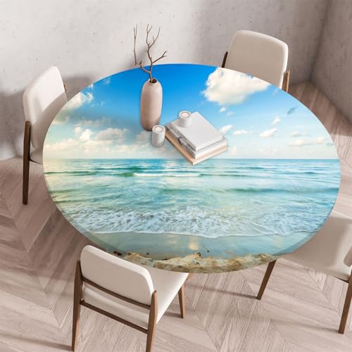 Highdi 3D Elastische Tischdecke Rund Abwaschbar, Spanntischdecke Rund Gartentischdecke Outdoor Round Tischdecke mit Gummizug für Esszimmer Küche Picknick (70cm,Strand am Meer 3) von Highdi