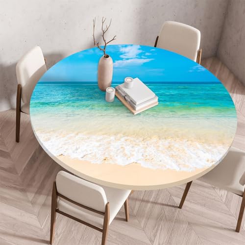 Highdi 3D Elastische Tischdecke Rund Abwaschbar, Spanntischdecke Rund Gartentischdecke Outdoor Round Tischdecke mit Gummizug für Esszimmer Küche Picknick (90cm,Strand am Meer 9) von Highdi