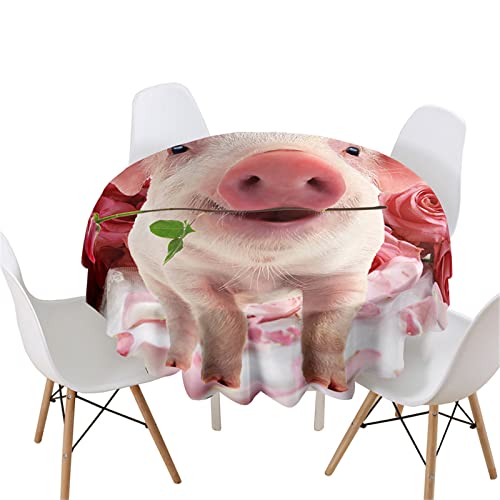 Highdi 3D Schwein Druck Rund Tischdecke Abwaschbar, Wasserdicht Lotuseffekt Antifouling Rund Tischdecken Polyester Tischtuch für Home Küche Dekoration Garten (Durchmesser 100cm,Rosen Schwein) von Highdi