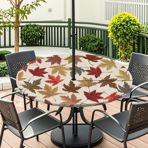 Highdi 3D Tischdecke mit Loch in der Mitte, Abwaschbar Rund Tischdecke mit Fleckenschutz Outdoor Tischdecke mit Gummizug Gartentischdecke für Küche und Picknick (Ahornblatt 3,M) von Highdi