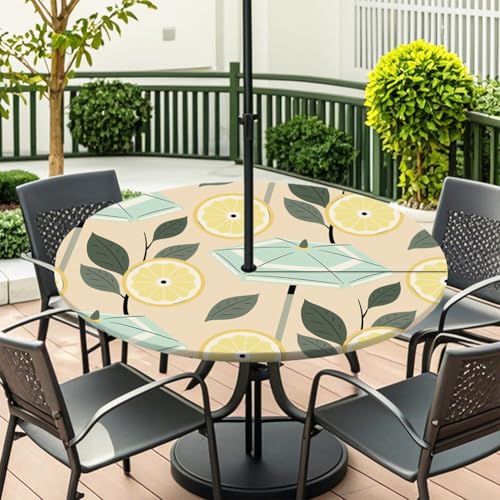 Highdi 3D Tischdecke mit Loch in der Mitte, Abwaschbar Rund Tischdecke mit Fleckenschutz Outdoor Tischdecke mit Gummizug Gartentischdecke für Küche und Picknick (Frucht Zitrone 9,L) von Highdi