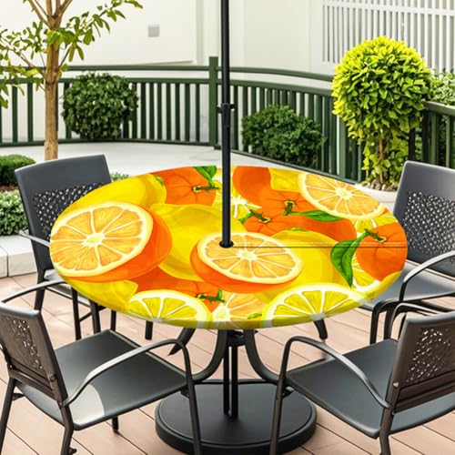 Highdi 3D Tischdecke mit Loch in der Mitte, Abwaschbar Rund Tischdecke mit Fleckenschutz Outdoor Tischdecke mit Gummizug Gartentischdecke für Küche und Picknick (Gelbe Zitrone 8,S) von Highdi