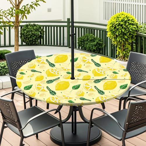 Highdi 3D Tischdecke mit Loch in der Mitte, Abwaschbar Rund Tischdecke mit Fleckenschutz Outdoor Tischdecke mit Gummizug Gartentischdecke für Küche und Picknick (Gelbe Zitrone 9,M) von Highdi