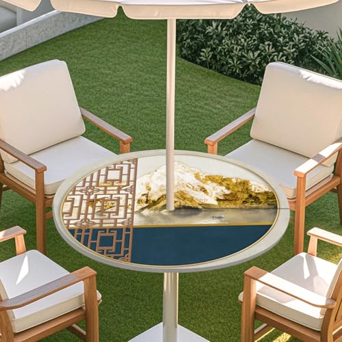 Highdi 3D Tischdecke mit Loch in der Mitte, Abwaschbar Rund Tischdecke mit Fleckenschutz Outdoor Tischdecke mit Gummizug Gartentischdecke für Küche und Picknick (Gold Abstrakt D,M) von Highdi