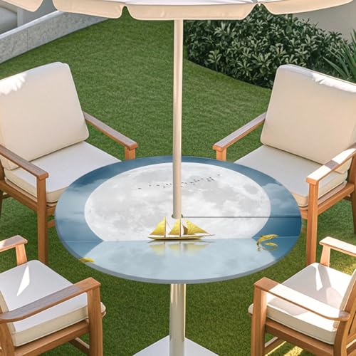 Highdi 3D Tischdecke mit Loch in der Mitte, Abwaschbar Rund Tischdecke mit Fleckenschutz Outdoor Tischdecke mit Gummizug Gartentischdecke für Küche und Picknick (Gold Abstrakt G,M) von Highdi