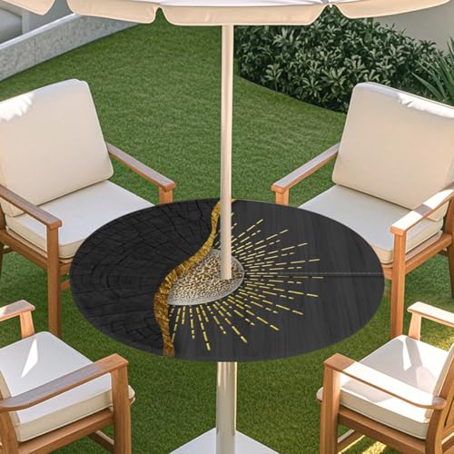 Highdi 3D Tischdecke mit Loch in der Mitte, Abwaschbar Rund Tischdecke mit Fleckenschutz Outdoor Tischdecke mit Gummizug Gartentischdecke für Küche und Picknick (Goldene Kunst B,L) von Highdi