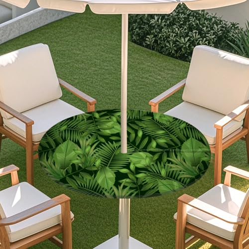 Highdi 3D Tischdecke mit Loch in der Mitte, Abwaschbar Rund Tischdecke mit Fleckenschutz Outdoor Tischdecke mit Gummizug Gartentischdecke für Küche und Picknick (L,Grünes Blatt J) von Highdi