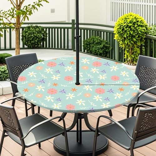 Highdi 3D Tischdecke mit Loch in der Mitte, Abwaschbar Rund Tischdecke mit Fleckenschutz Outdoor Tischdecke mit Gummizug Gartentischdecke für Küche und Picknick (L,Nordische Blume 1) von Highdi