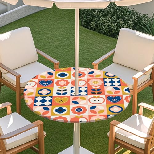 Highdi 3D Tischdecke mit Loch in der Mitte, Abwaschbar Rund Tischdecke mit Fleckenschutz Outdoor Tischdecke mit Gummizug Gartentischdecke für Küche und Picknick (L,Patchwork 6) von Highdi