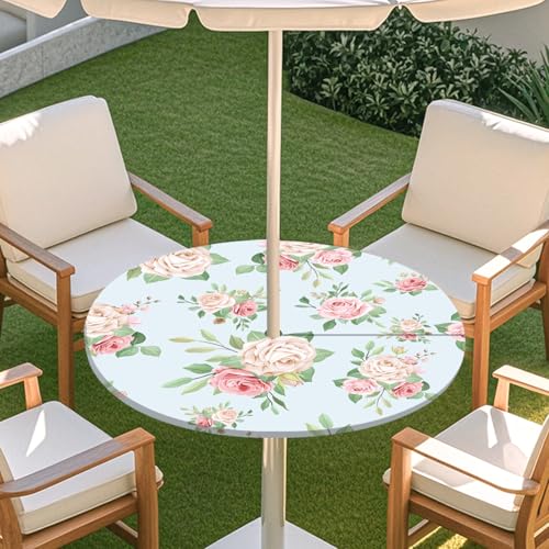 Highdi 3D Tischdecke mit Loch in der Mitte, Abwaschbar Rund Tischdecke mit Fleckenschutz Outdoor Tischdecke mit Gummizug Gartentischdecke für Küche und Picknick (M,Niedliche Blume 10) von Highdi