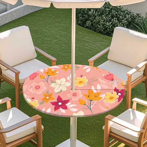 Highdi 3D Tischdecke mit Loch in der Mitte, Abwaschbar Rund Tischdecke mit Fleckenschutz Outdoor Tischdecke mit Gummizug Gartentischdecke für Küche und Picknick (M,Niedliche Blume 5) von Highdi