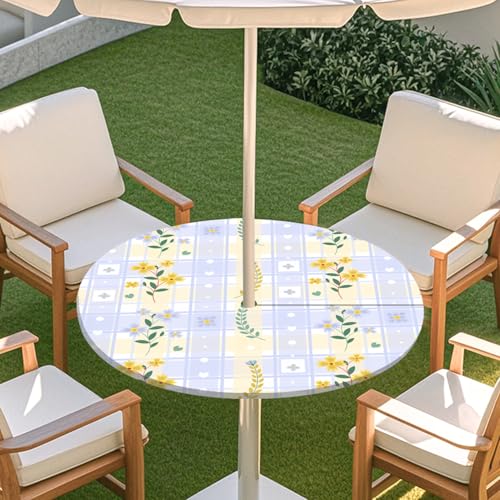 Highdi 3D Tischdecke mit Loch in der Mitte, Abwaschbar Rund Tischdecke mit Fleckenschutz Outdoor Tischdecke mit Gummizug Gartentischdecke für Küche und Picknick (M,Niedliche Blume 9) von Highdi