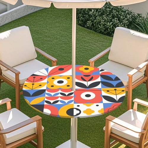 Highdi 3D Tischdecke mit Loch in der Mitte, Abwaschbar Rund Tischdecke mit Fleckenschutz Outdoor Tischdecke mit Gummizug Gartentischdecke für Küche und Picknick (M,Patchwork 8) von Highdi