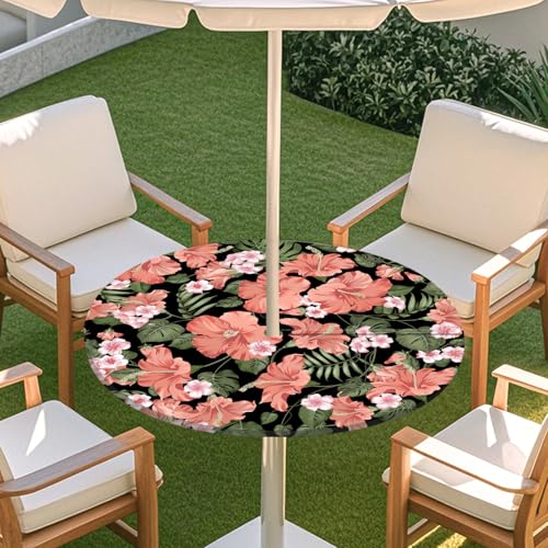 Highdi 3D Tischdecke mit Loch in der Mitte, Abwaschbar Rund Tischdecke mit Fleckenschutz Outdoor Tischdecke mit Gummizug Gartentischdecke für Küche und Picknick (M,Schicke Blume B) von Highdi