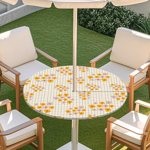 Highdi 3D Tischdecke mit Loch in der Mitte, Abwaschbar Rund Tischdecke mit Fleckenschutz Outdoor Tischdecke mit Gummizug Gartentischdecke für Küche und Picknick (M,Schicke Blume H) von Highdi